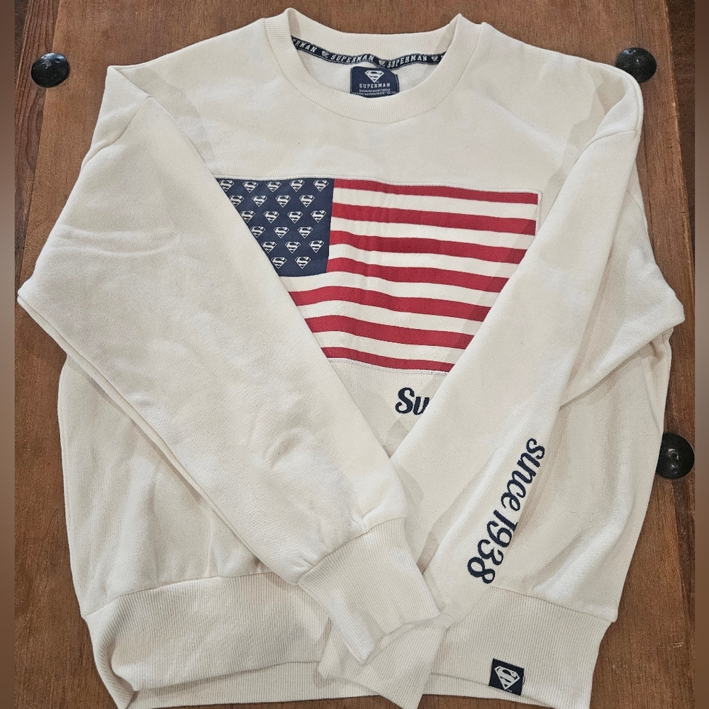 DC Comics Cream and Red Flag Women's Crewneck Sweater
